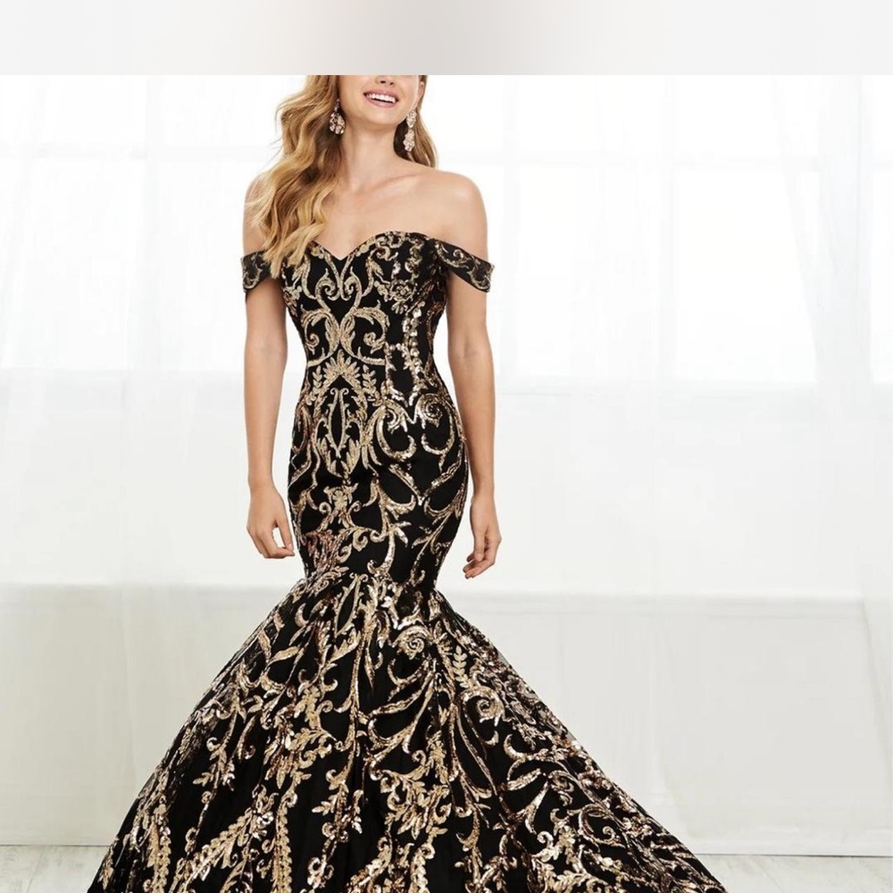 Tiffany Designs Black and Gold Off-Shoulder Prom Dress